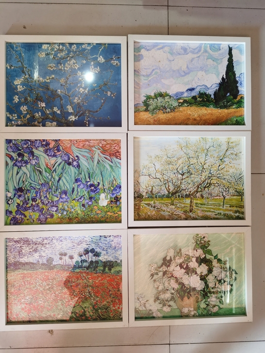 油画星空梵高装饰画三联餐厅玄关抽象挂画田园...