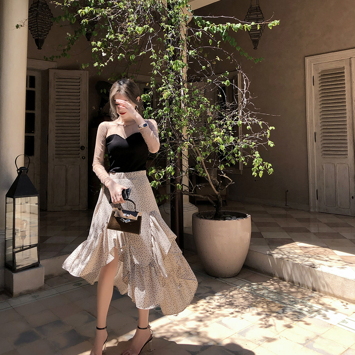 ByYou 复古波点半身裙女春韩版高腰不规...