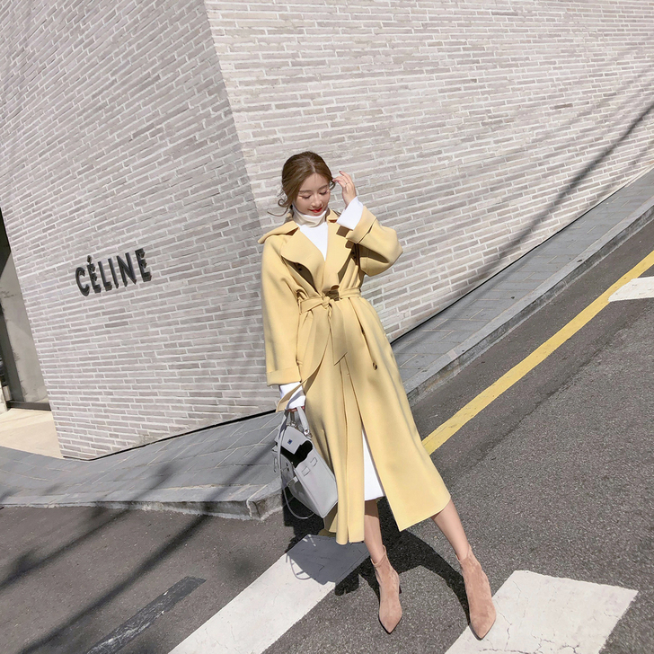 ByYou 2019秋冬新款收腰鹅黄色毛呢...