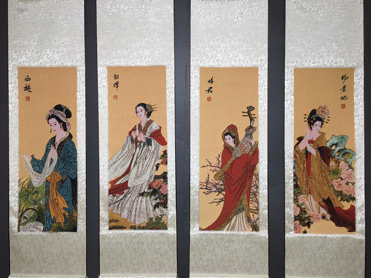 四大美女四条屏，中堂刺绣画