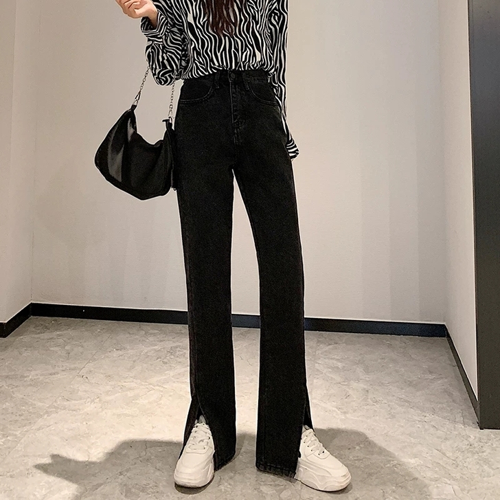 高腰前开叉牛仔裤女显瘦黑色开衩宽松阔腿垂感...