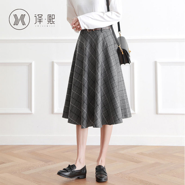 长裙女春夏2021新款格纹高腰大摆裙港风格...