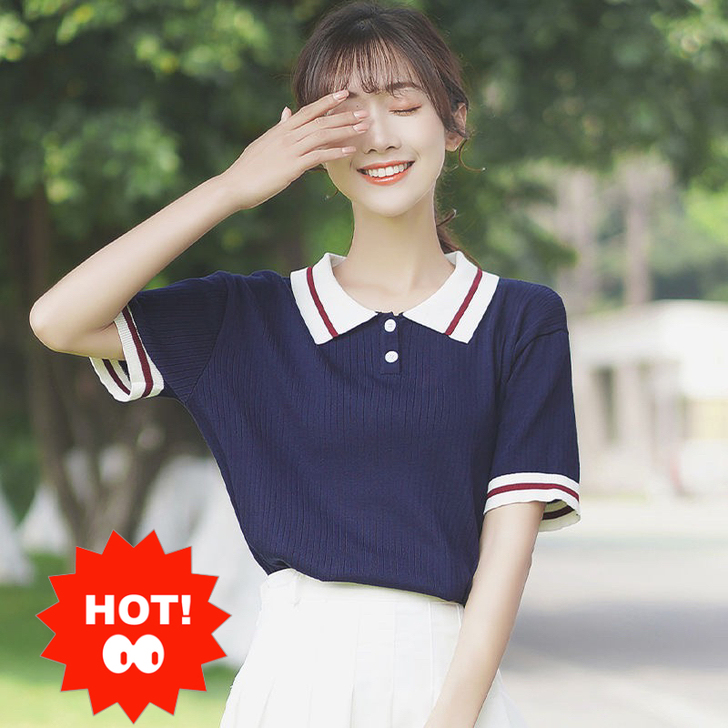 【全新包邮】新款条纹polo领 冰丝针织衫...