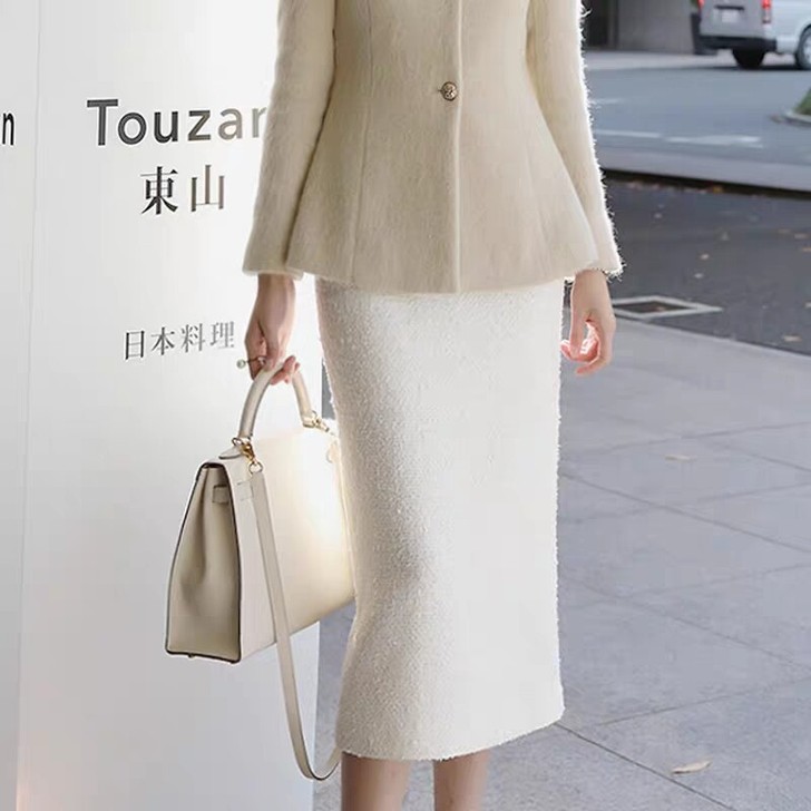 粗花呢白色半身裙直筒高腰铅笔裙高端韩国女装...