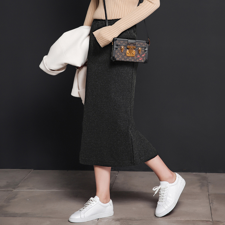 七格格秋装新款 后开衩高腰铅笔裙纯色中长#...