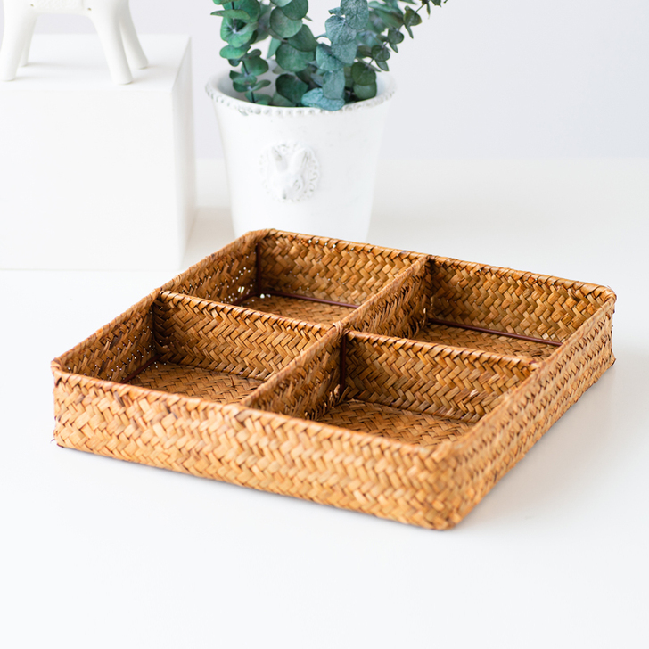 北欧藤编竹编收纳筐海草收纳盒草编桌面客厅迷...