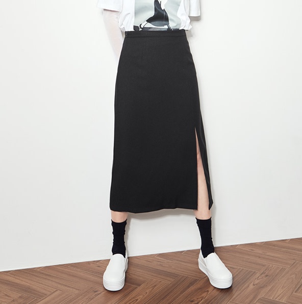 黑色罗马布直筒包臀前开叉中长款半身裙小黑裙...