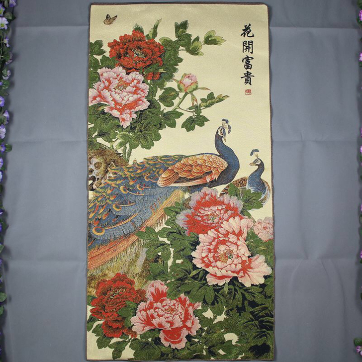 织锦画丝绸刺绣画 客厅装饰 花开富贵 孔雀...