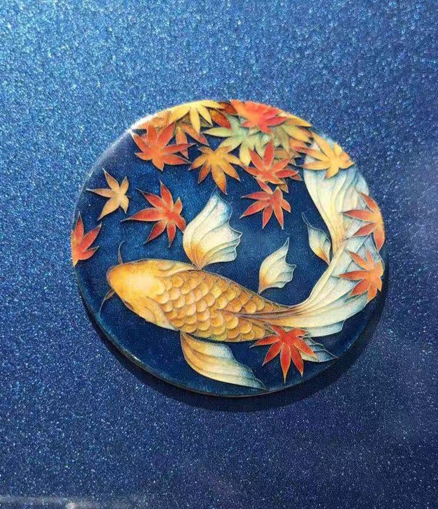 景泰蓝工艺画掐丝珐琅画枫叶鱼金丝彩砂画