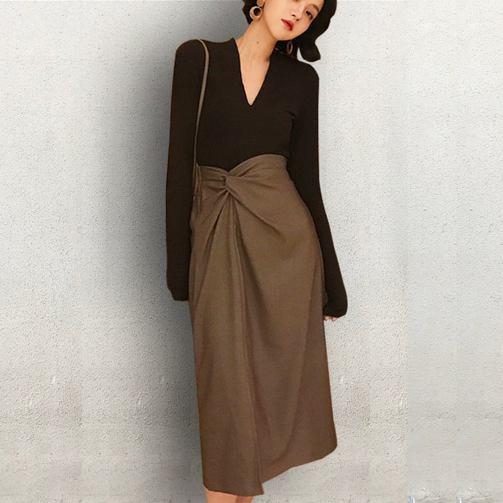 春季法式裙子女垂坠感长裙开叉打结包臀显瘦高...