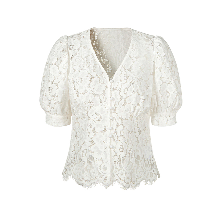 ByYou 夏季气质V领泡泡袖白色蕾丝衫女...