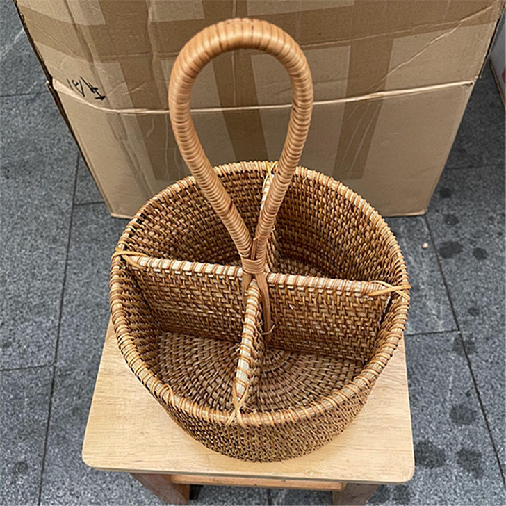 全新越南藤编遥控器收纳篮 桌面整理圆形带提...