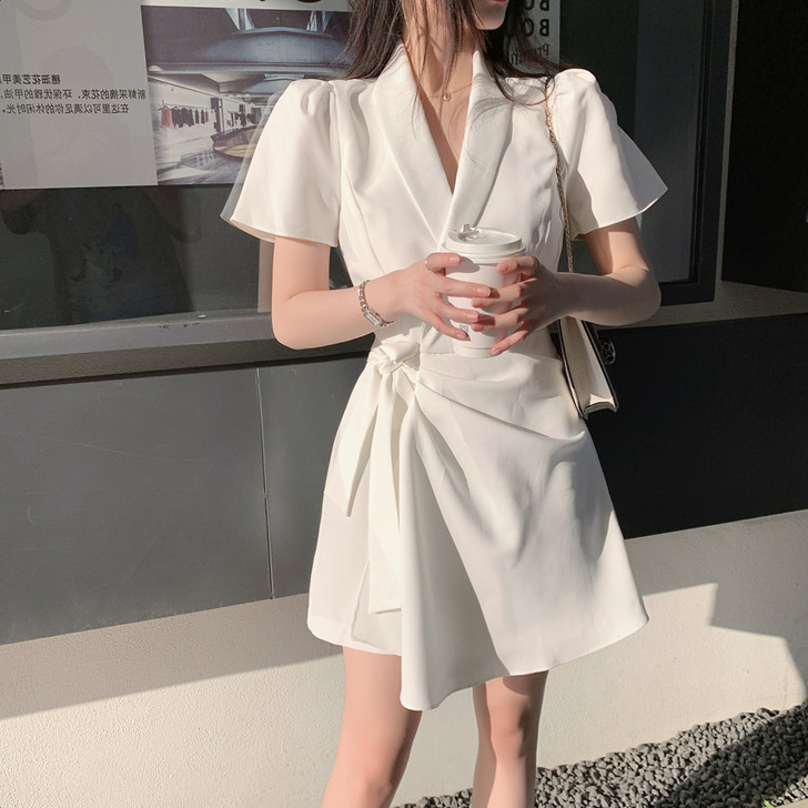 ByYou 夏季v领白色气质西装连衣裙女神...