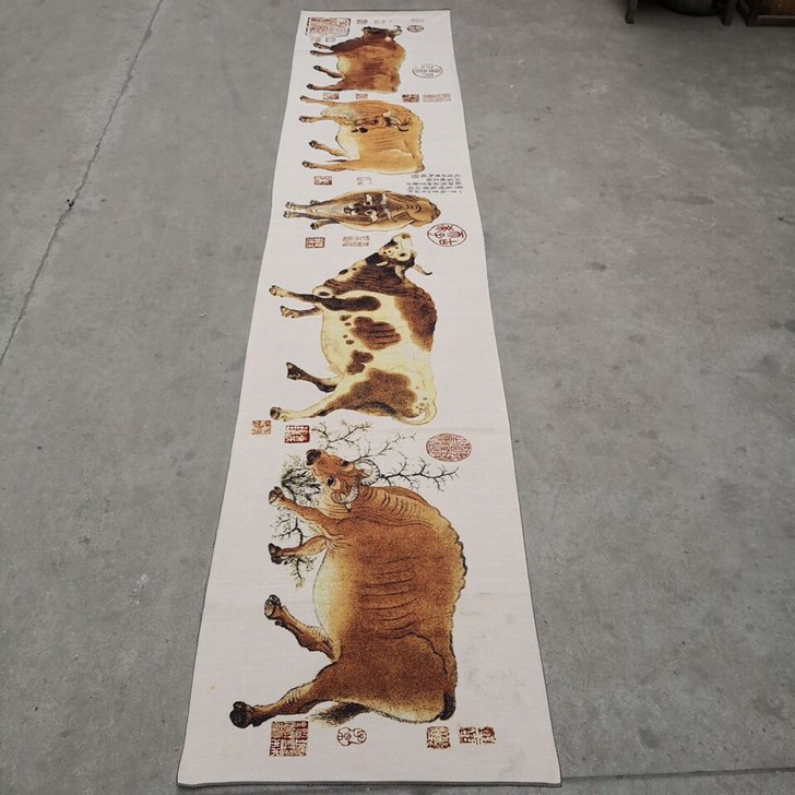 唐卡刺绣织锦绣精美刺绣五牛图长款横幅中堂挂...