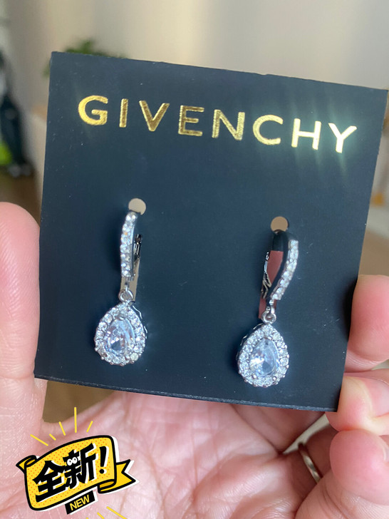 纪梵希银色梨形钻石切割水晶耳环，