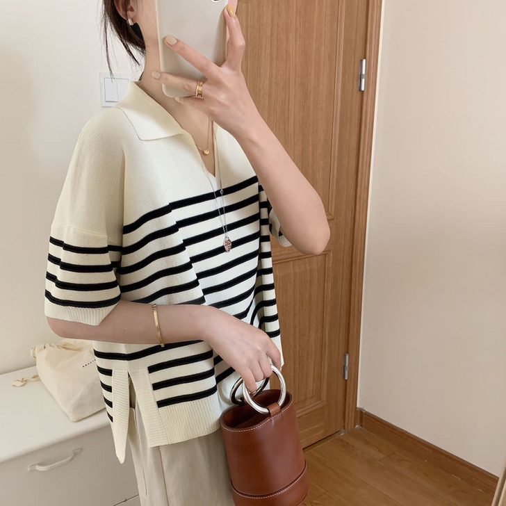 冰丝针织衫女开衩经典polo条纹宽松夏季新...