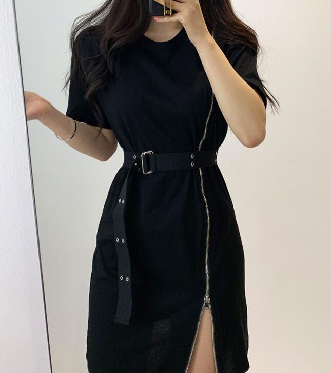 韩国ins洋气复古黑色t恤裙连衣裙女夏系带...