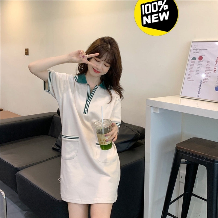 POLO领连衣裙撞色设计感夏季韩版2021...