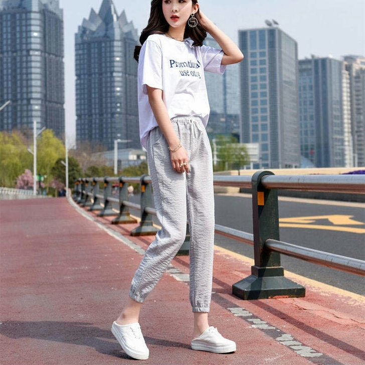 全新 宽松休闲裤女哈伦束脚九分裤百搭显瘦长...