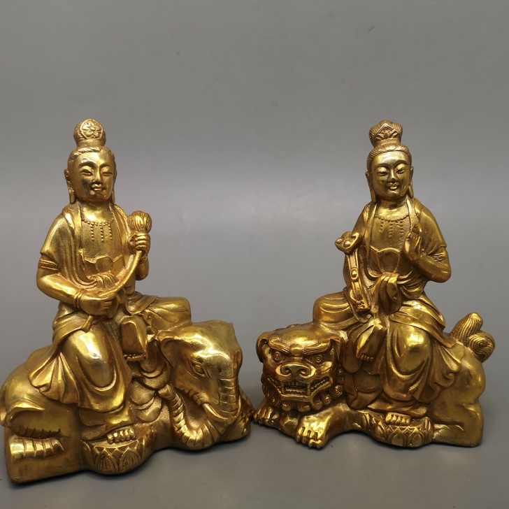 仿古黄铜鎏金铜器摆件文殊菩萨普贤菩萨一对，...