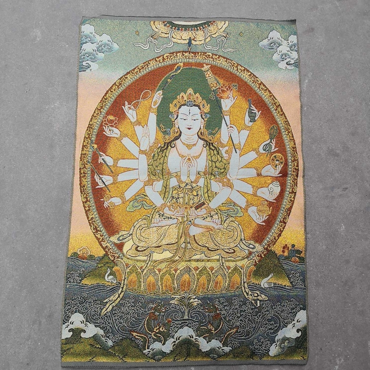 高品唐卡，宗教刺绣画 千手观音，丝绸刺绣织...