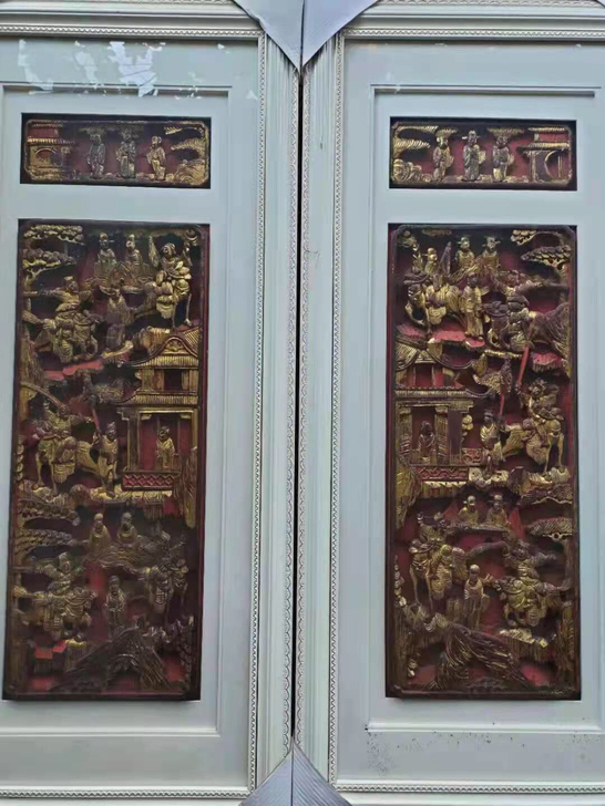 徽州老木雕鎏金板一对，高95，宽45厘米，...