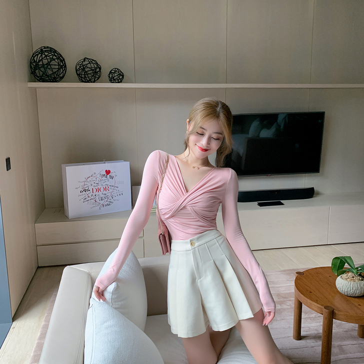 ByYou显瘦收腰v领莫代尔棉打底衫女秋冬...