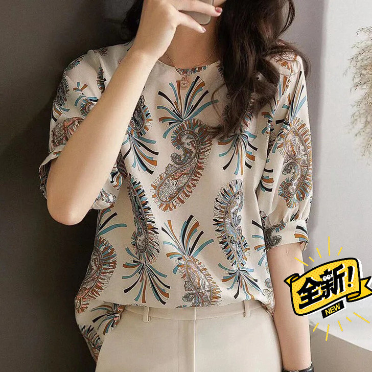 雪纺衫女韩版宽松百搭碎花短袖衬衫上衣高档气...