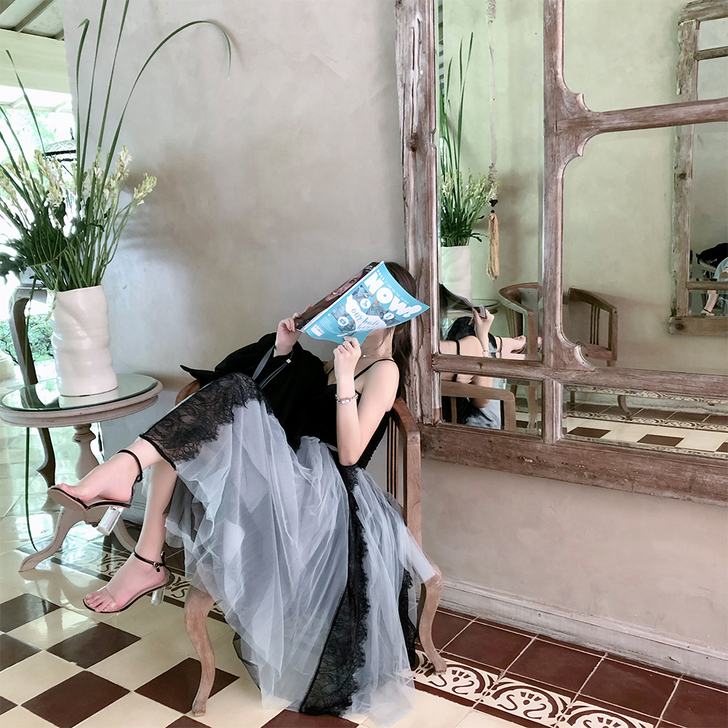 ByYou 网纱半身裙女春2019拼接高腰...