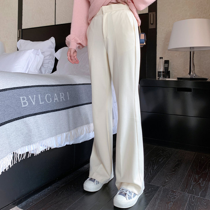 ByYou 春季新款白色毛呢裤女显瘦垂感喇...