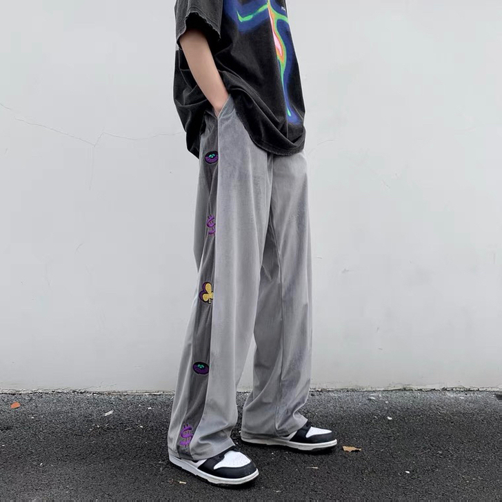 夏季丝绒高街休闲裤男高级感炸街裤子垂坠感宽...