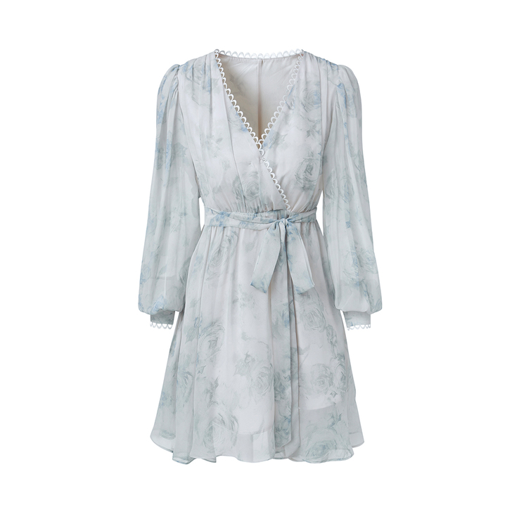 ByYou 天青色等烟雨高端气质v领碎花连...