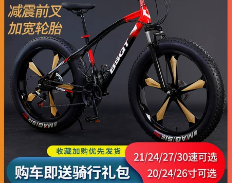 自行车 山地车大轮胎雪地变速减震宽粗沙滩越...