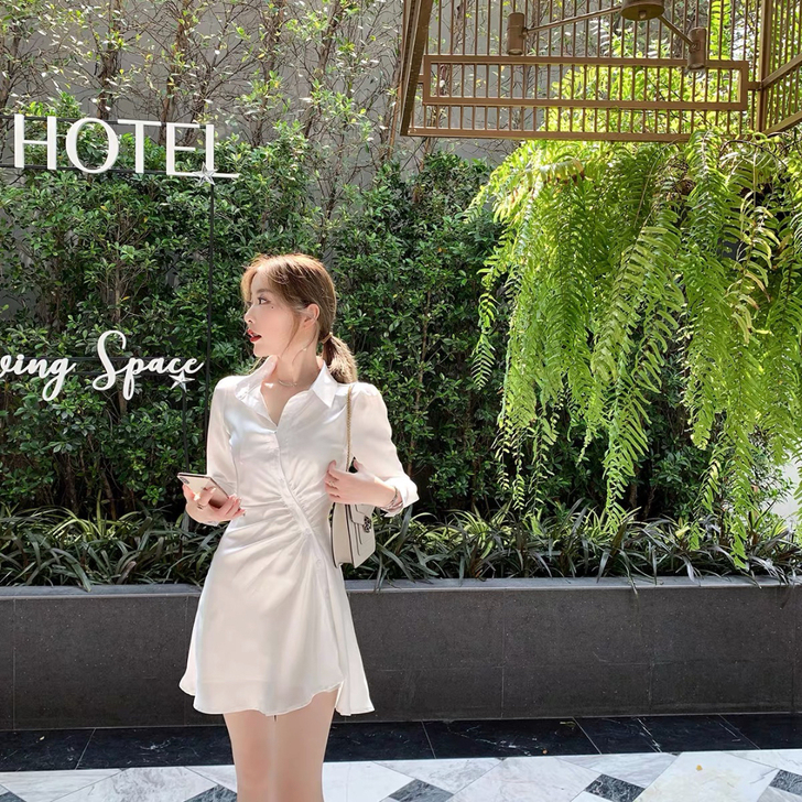 ByYou 夏季衬衫领白色绸缎连衣裙女设计...