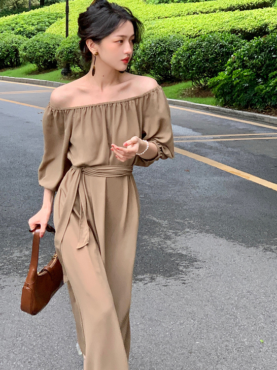 酒午港风复古2021女夏新款一字肩五分袖绑...