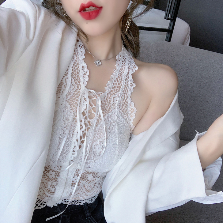 ByYou 春季性感露背白色蕾丝吊带背心女...