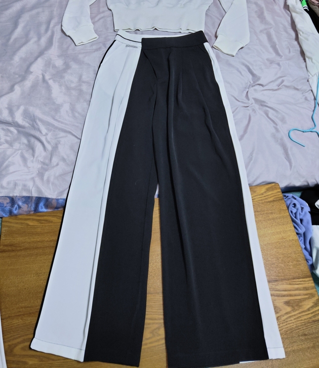 春夏新款高腰阔腿裤黑白拼接垂感显瘦显高小个...