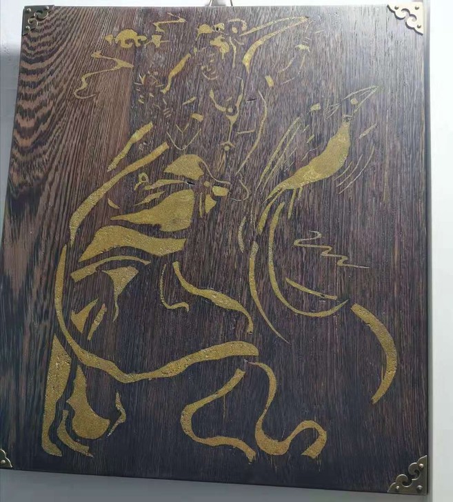 鸡翅木板雕刻画,木板挂画,先雕刻好图再嵌铜...