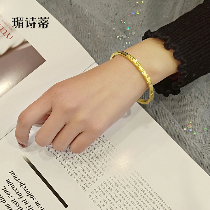 欧美卡扣手镯 罗马数字玫瑰金银色钛钢镀18...