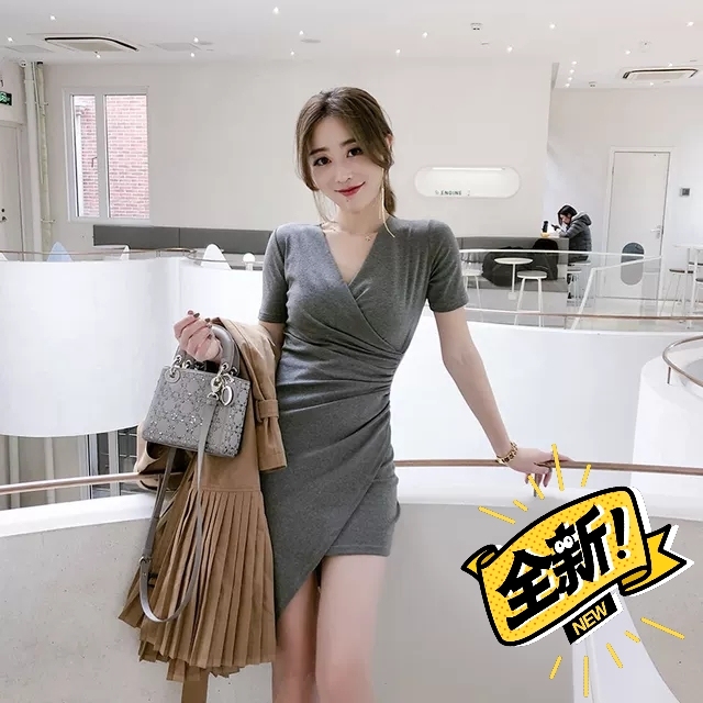 ByYou 性感v领针织连衣裙女不规则短裙...