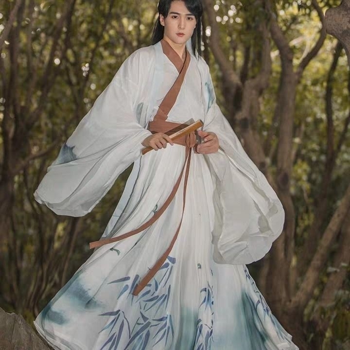 汉服竹韵魏晋风清平调男女交领齐腰超仙印花古...
