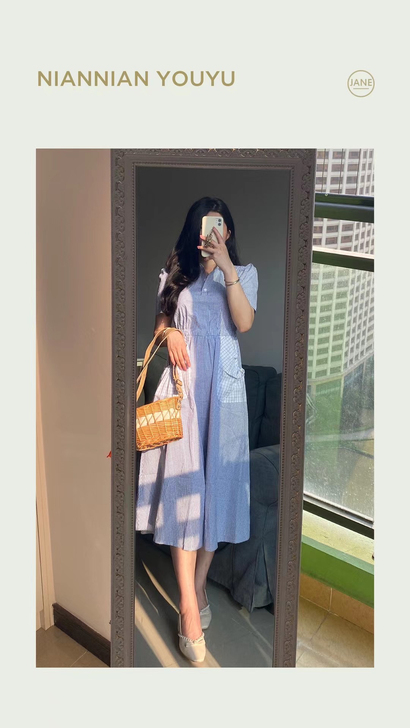 全新文艺格子长裙连衣裙  SM码 服装工作...