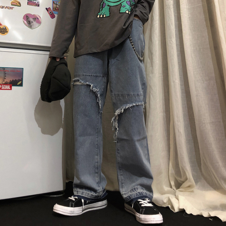 【狂暑价】工装牛仔裤女直筒阔腿宽松嘻哈破洞...