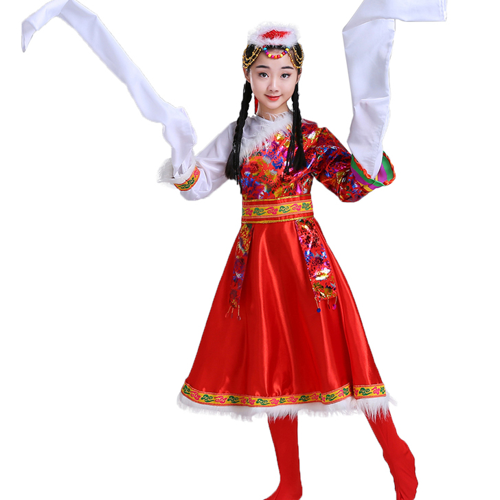 儿童藏族舞蹈服装演出服藏族水袖服饰少数民族...