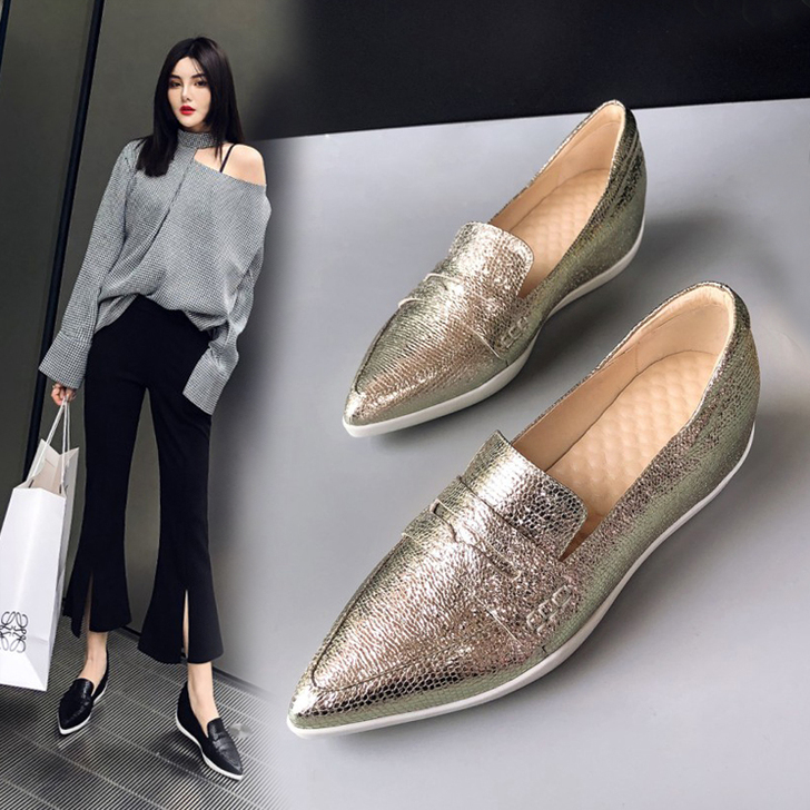 2020春季新款内增高单鞋女真皮尖头厚底一...