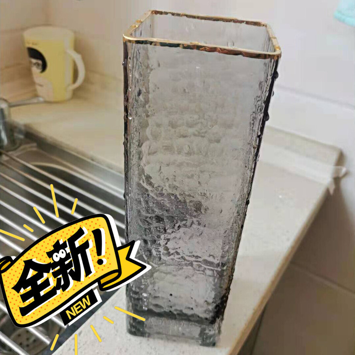 全新包邮锤纹方口花瓶透明玻璃花瓶客厅创意插...