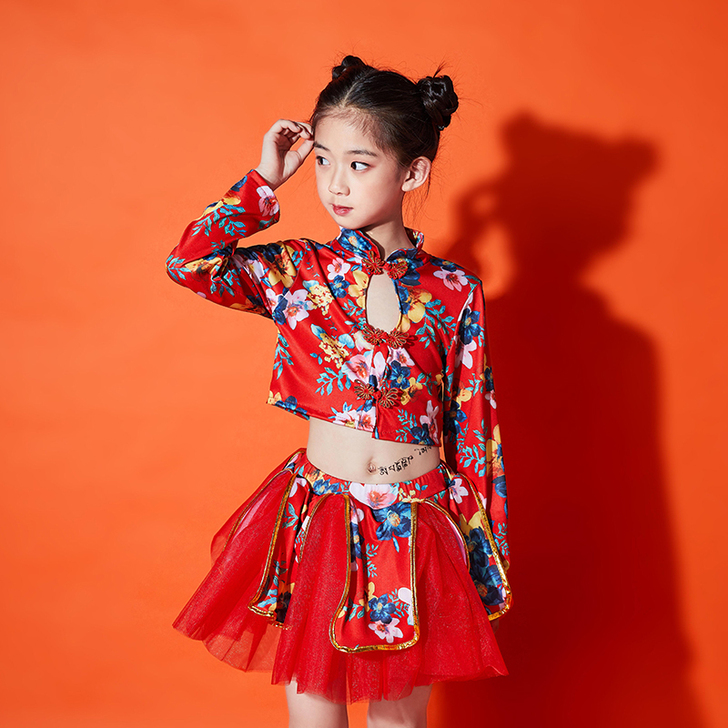 女童爵士舞蹈服中国风复古旗袍少儿小肚兜纱裙...