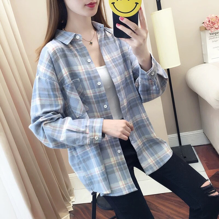 女士清新时尚外搭小格子时尚百搭衬衣 衬衣太...