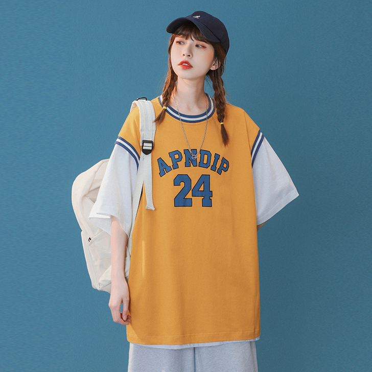 FKZ T恤短袖女假两件学生篮球服宽松韩版...