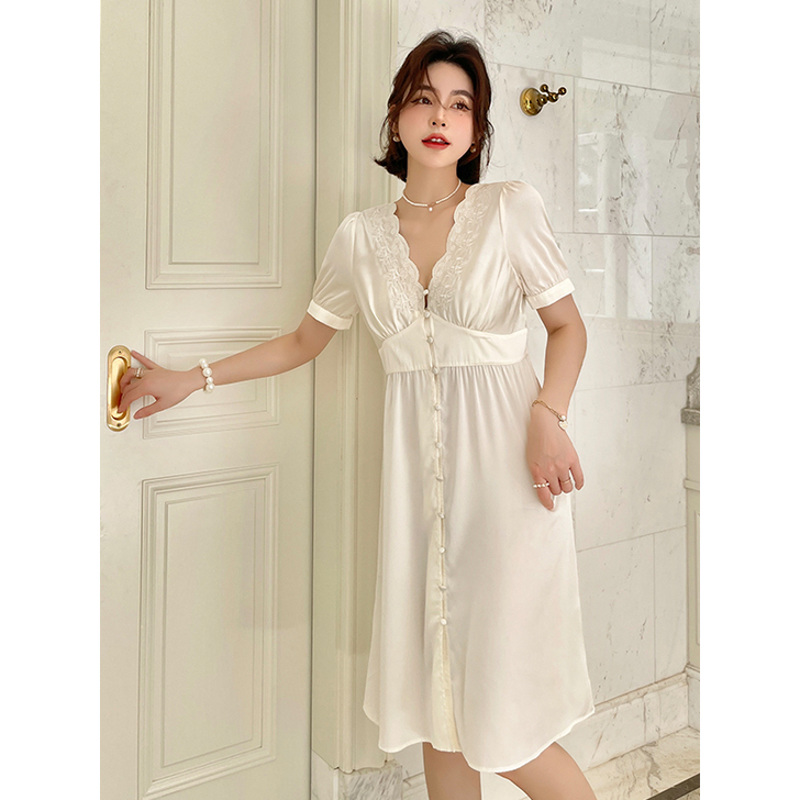 性感睡裙女夏季冰丝短袖中长款丝绸睡衣法式宫...